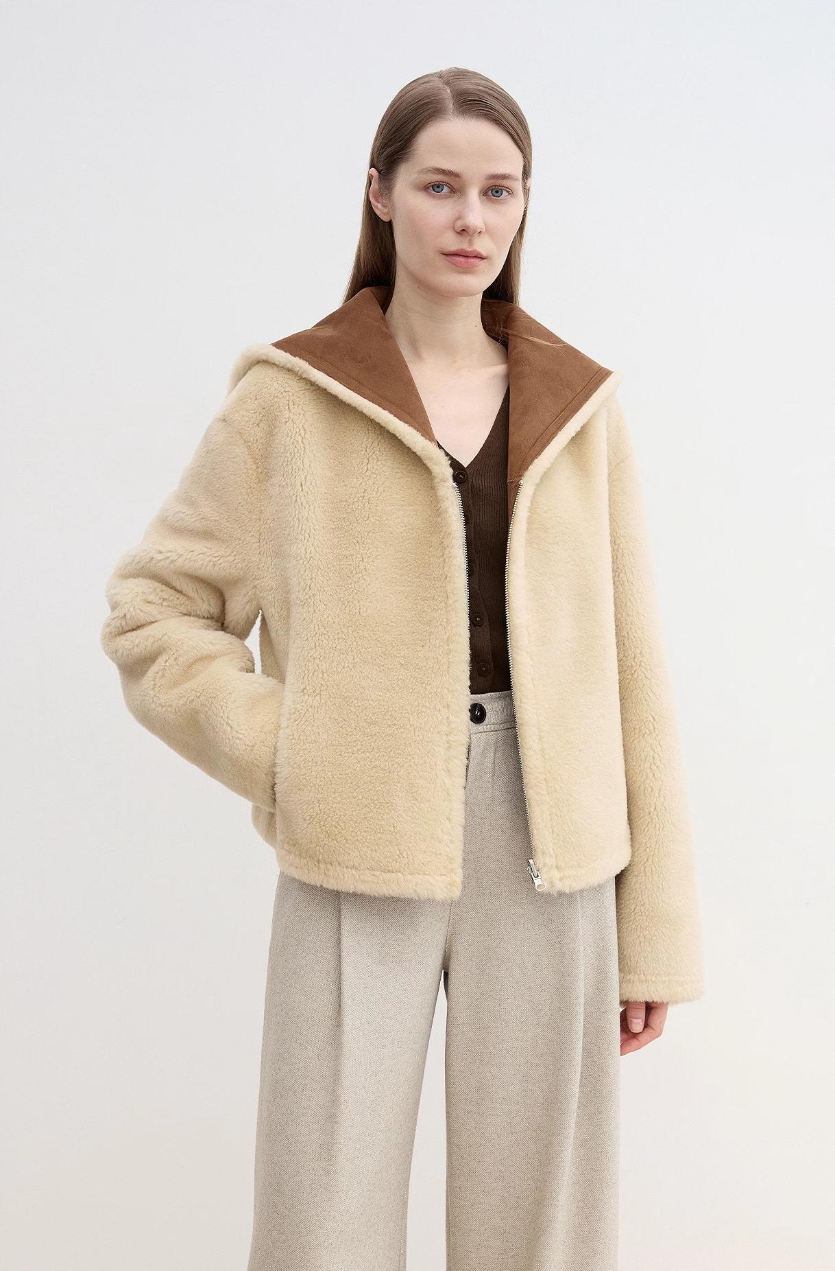 Floating Dune Contrast Navy Collar Shearling Jacket-2