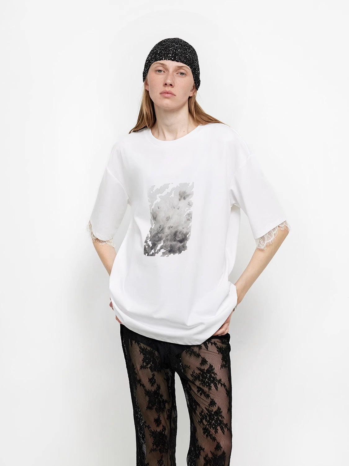Printed Attitude Original Printed Cuffs Spliced Lace T-Shirt-0
