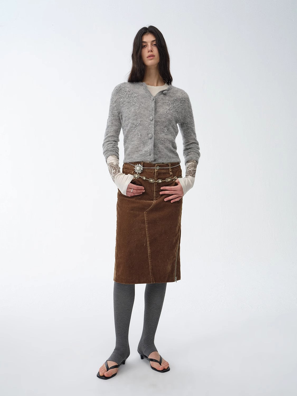 "Early Spring Sun" Retro Distressed Flocked Denim Straight Skirt Side Zipper Slit Skirt-0