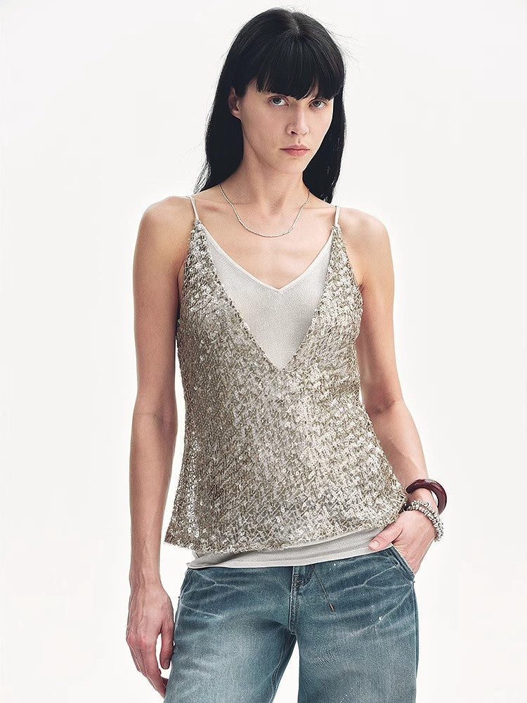 "Dream Catcher" Sequined Net Pattern Fake Two-Piece Deep V Waist Suspender Summer-1