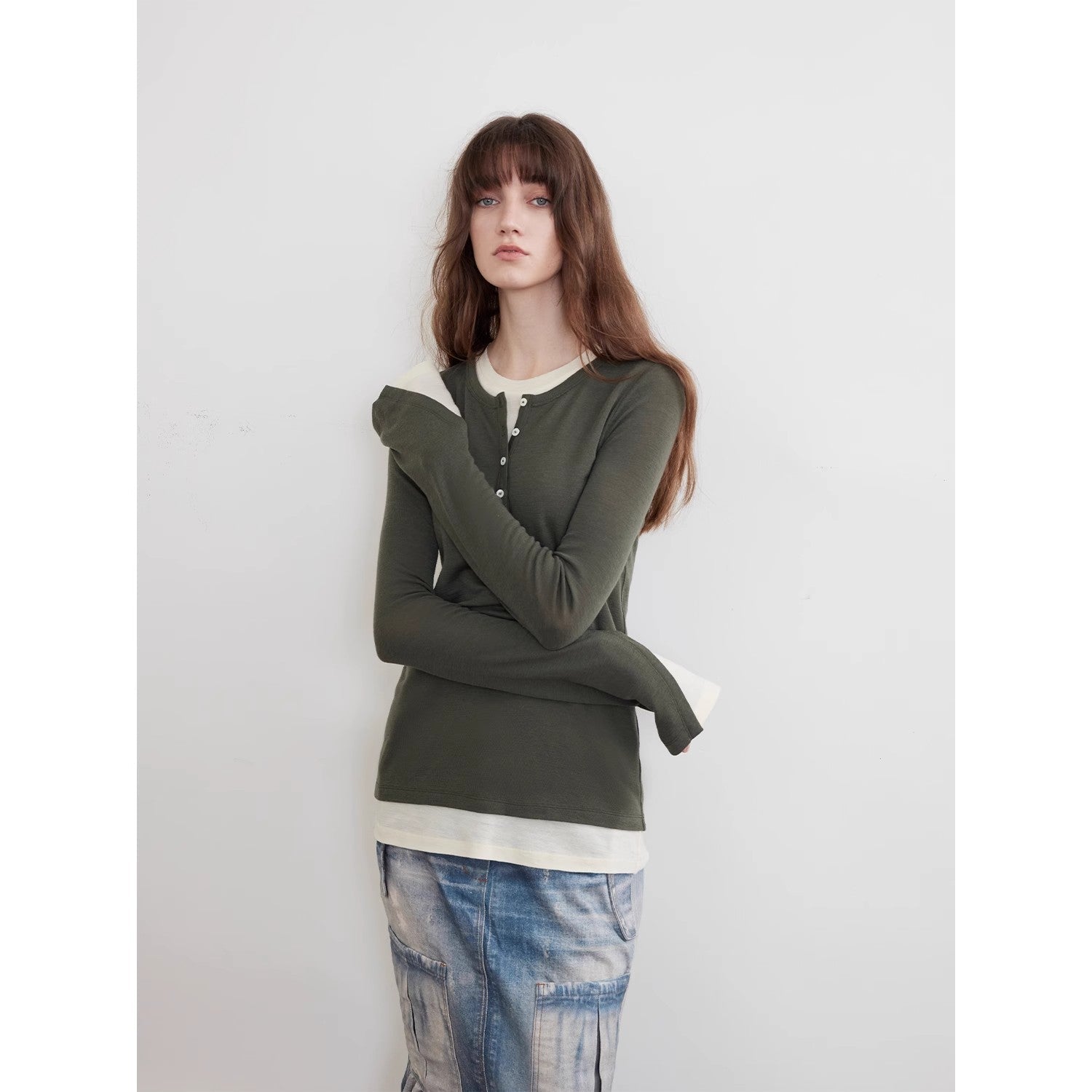 "Letter from Munich" elastic skin-friendly all-wool sweater women's long-sleeved slimming fake two-piece crop top-1