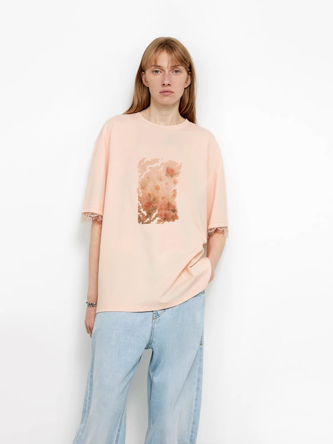 Printed Attitude Original Printed Cuffs Spliced Lace T-Shirt-4