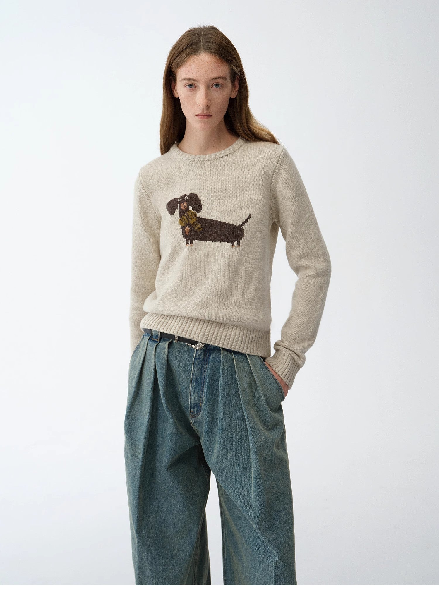 "Brani" Superfine Merino Wool Cotton Blend Animal Jacquard Round Neck Sweater for Women-4