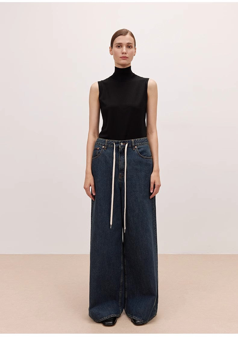 "Retro Blues" fashionable high waist pleated design washed casual wide leg jeans for women-0