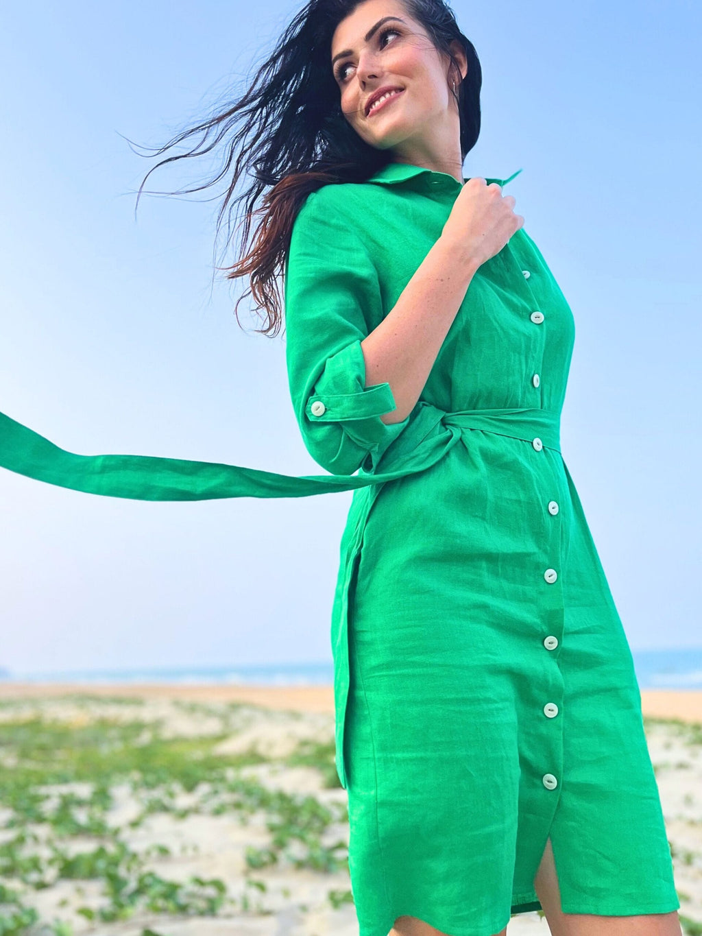 linen button down sustainable dress with pockets 100% organic pure linen long sleeve casual summer dress wedding guest waist belt dress.jpg