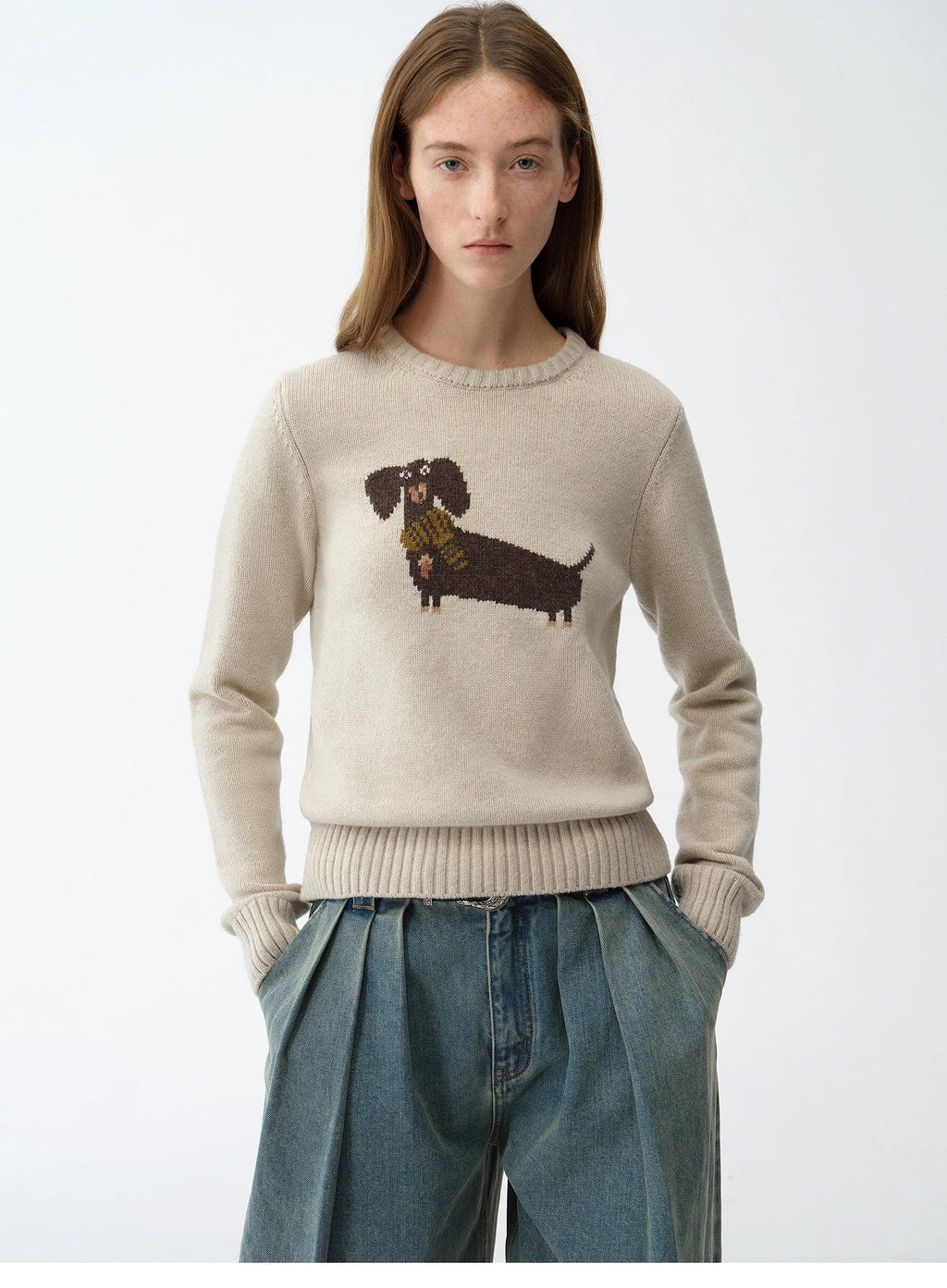 "Brani" Superfine Merino Wool Cotton Blend Animal Jacquard Round Neck Sweater for Women-1
