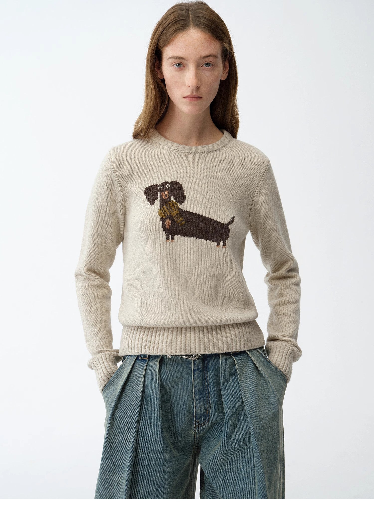 "Brani" Superfine Merino Wool Cotton Blend Animal Jacquard Round Neck Sweater for Women-1