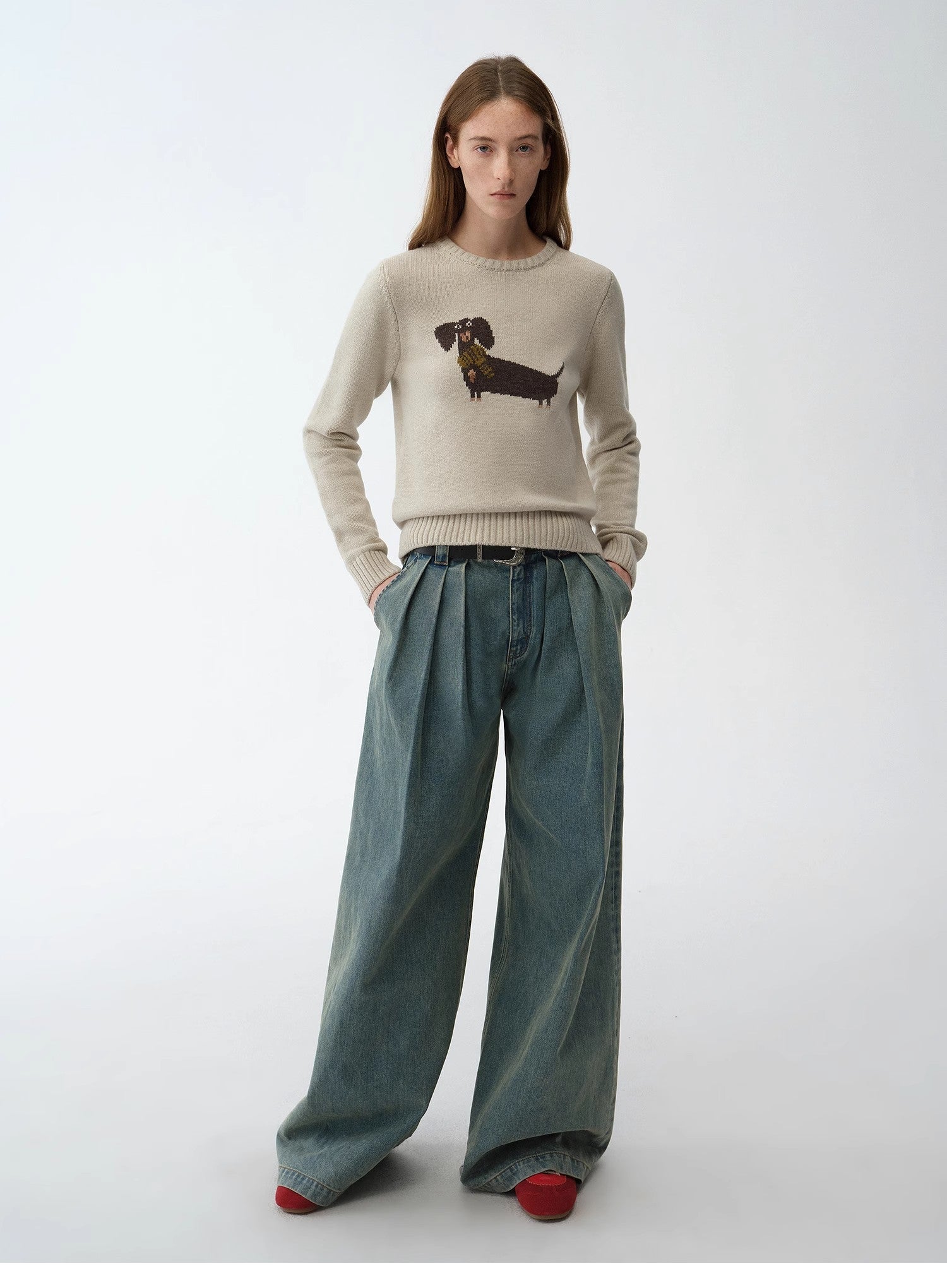 "Brani" Superfine Merino Wool Cotton Blend Animal Jacquard Round Neck Sweater for Women-0