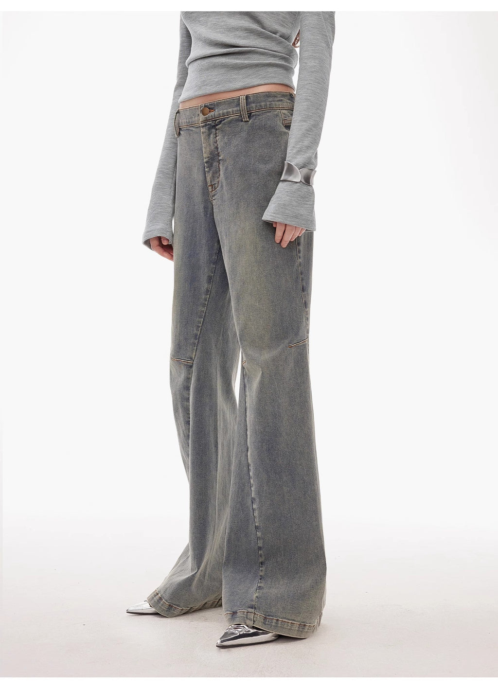 “Denimism”Fashionable Heavy Industry Washed Three-dimensional Versatile Slimming Slightly Flared Denim Trousers-4