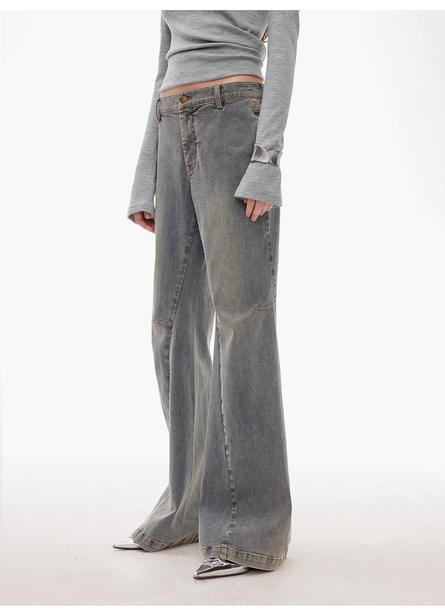 “Denimism”Fashionable Heavy Industry Washed Three-dimensional Versatile Slimming Slightly Flared Denim Trousers-4