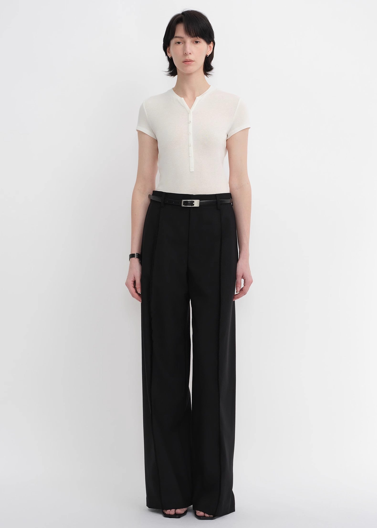 Worsted wool commuter classic drapey raw edge loose straight wide-leg pants-0