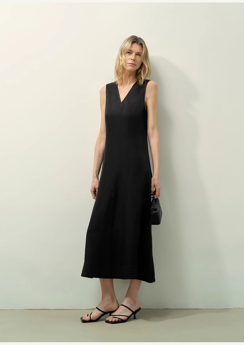 Lightweight and zero-pressure cupro linen textured anti-wrinkle V-neck sleeveless A-line dress-0