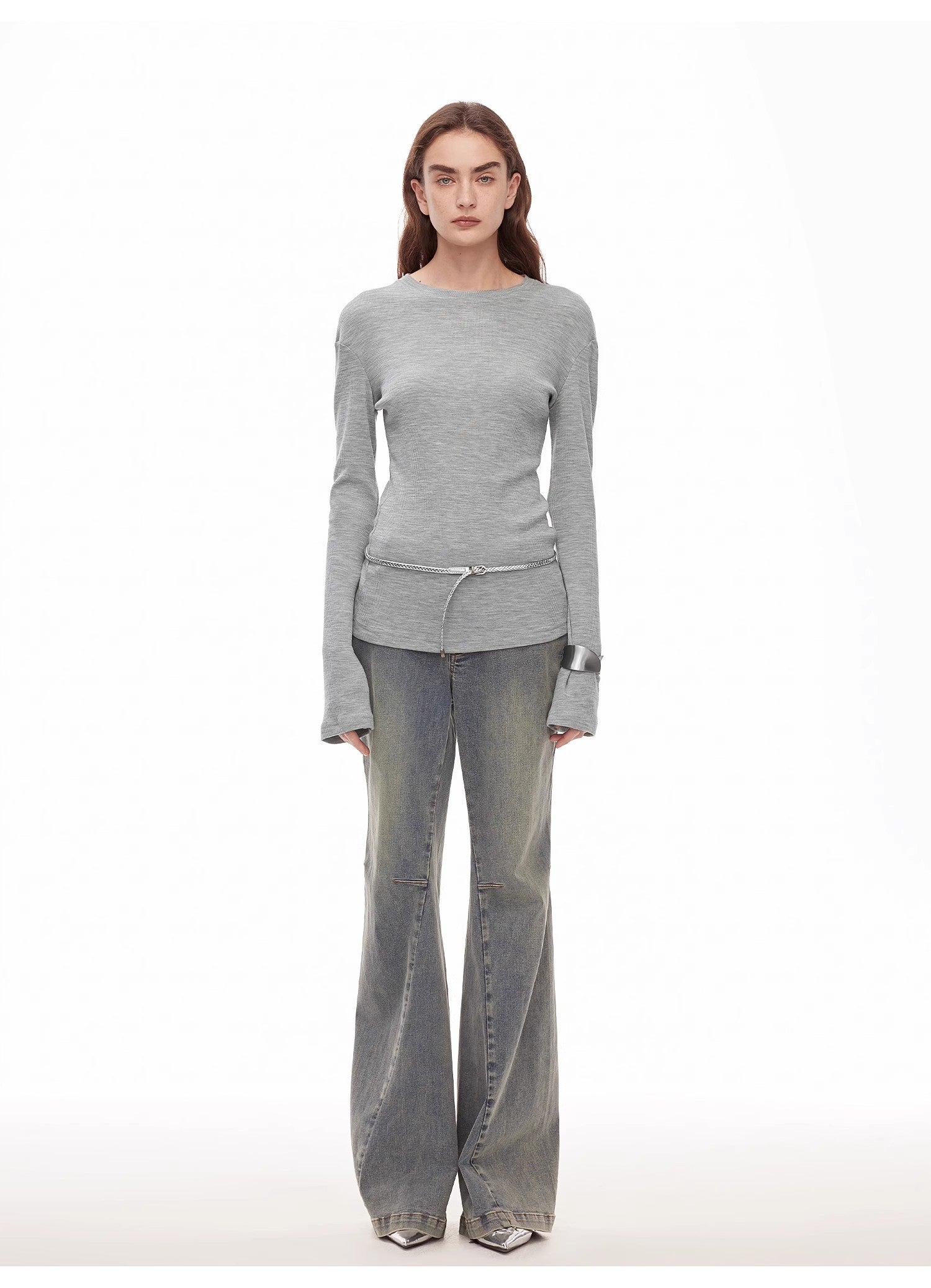“Denimism”Fashionable Heavy Industry Washed Three-dimensional Versatile Slimming Slightly Flared Denim Trousers-0