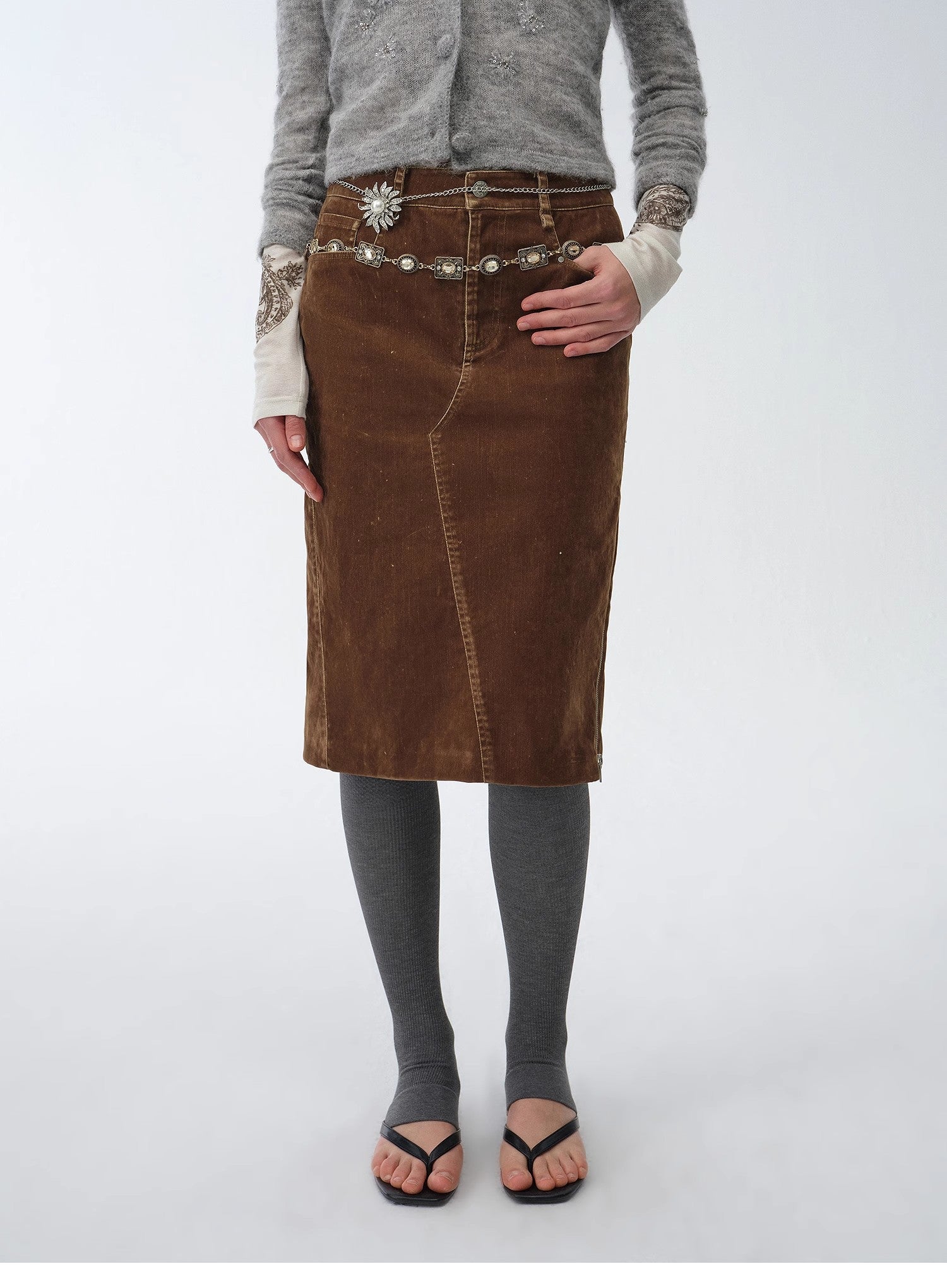 "Early Spring Sun" Retro Distressed Flocked Denim Straight Skirt Side Zipper Slit Skirt-3