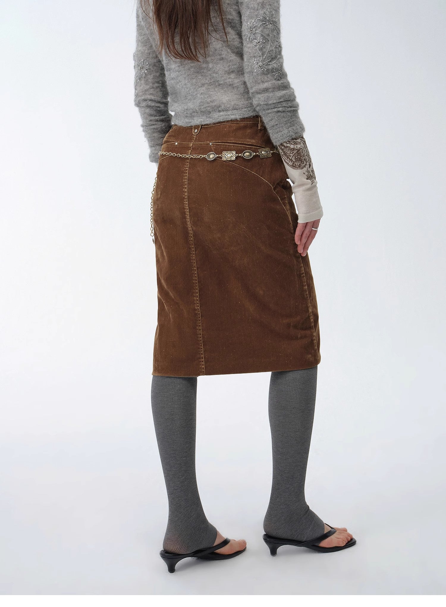 "Early Spring Sun" Retro Distressed Flocked Denim Straight Skirt Side Zipper Slit Skirt-4