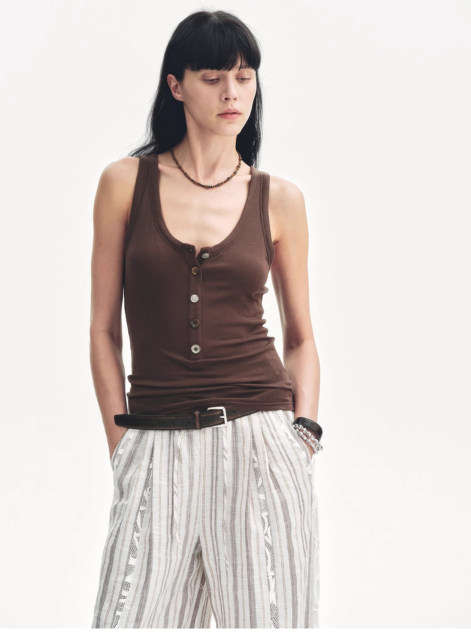 "Weather Forecast" Tencel Acetate U-Henley Neck Fitted Vest-4