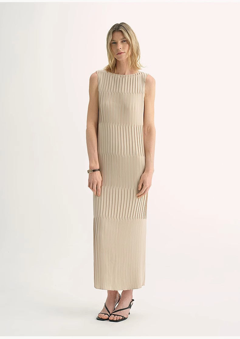 Original design handmade pleated straight sleeveless boat neck dress-0