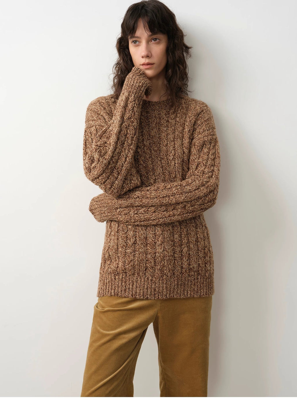 "Thousand Islands Forest Club" Cable-cut Round Neck Wool Blend Slightly Wide Shoulder Sweater-4