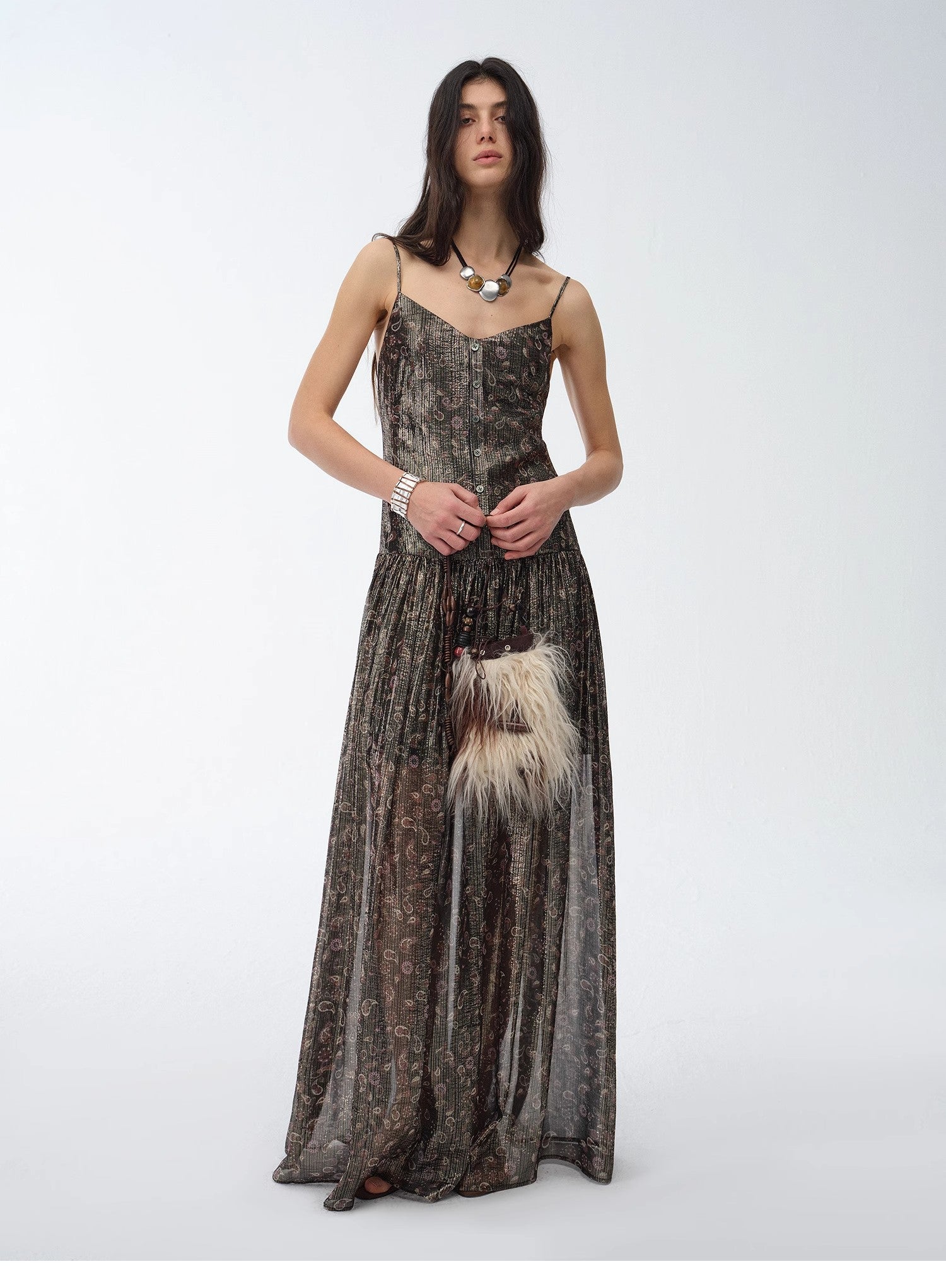 "Floating Lights" Retro Paisley Print Silk Holiday Sling Dress-1