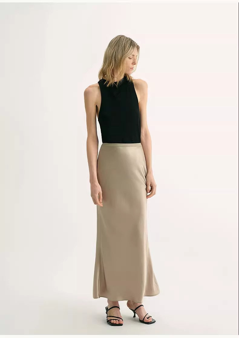 "Extremely luxurious" American EASTMAN acetate glossy bias-cut elegant slim fishtail skirt-4