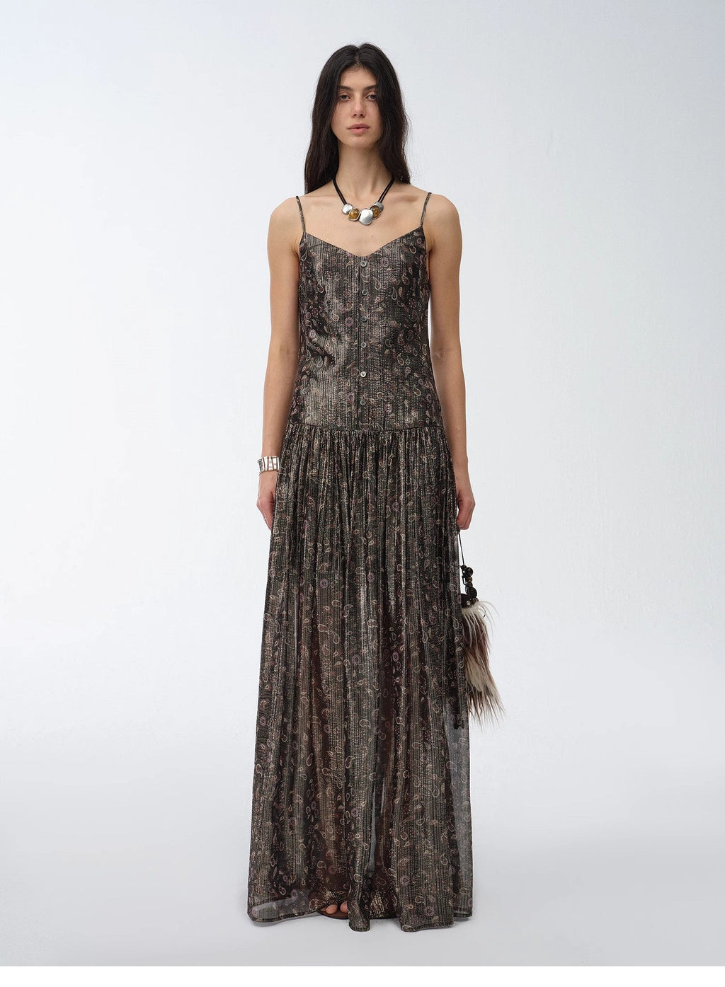 "Floating Lights" Retro Paisley Print Silk Holiday Sling Dress-0