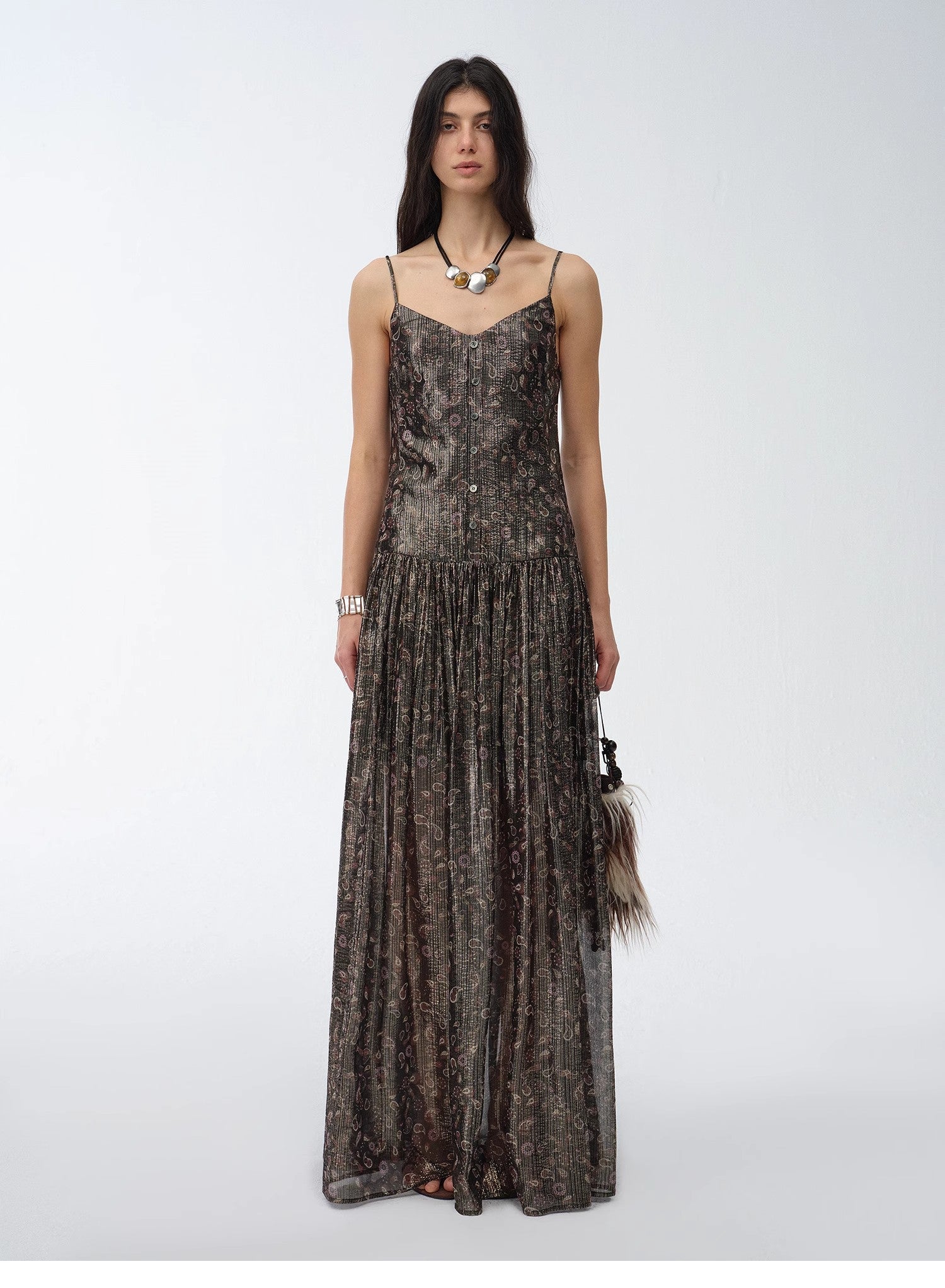 "Floating Lights" Retro Paisley Print Silk Holiday Sling Dress-0