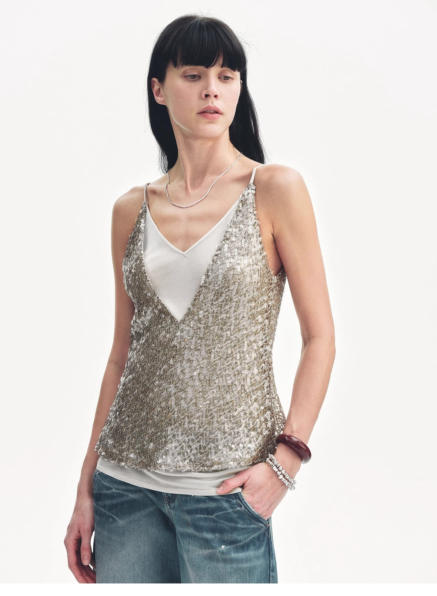 "Dream Catcher" Sequined Net Pattern Fake Two-Piece Deep V Waist Suspender Summer-4