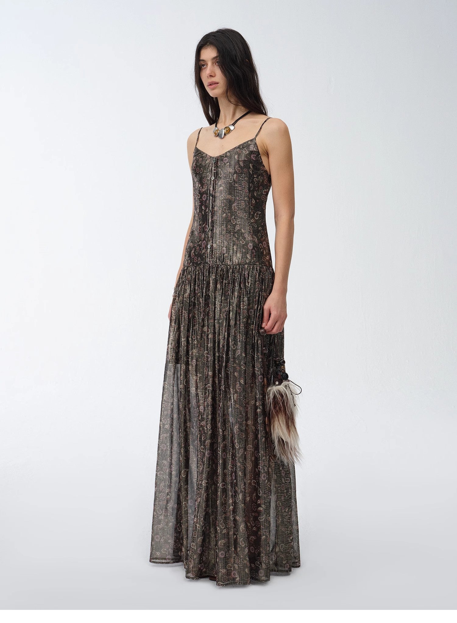 "Floating Lights" Retro Paisley Print Silk Holiday Sling Dress-4