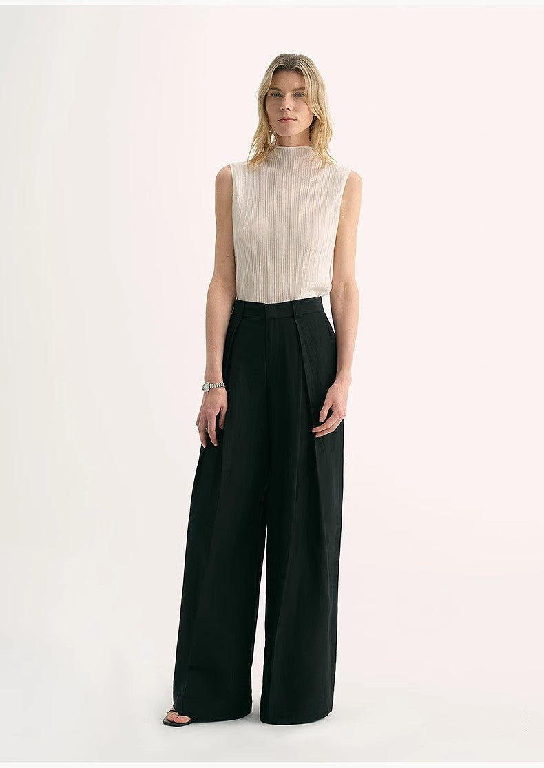 Silk Linen Pleated Wide Leg A-Line Trousers Casual Pants-0