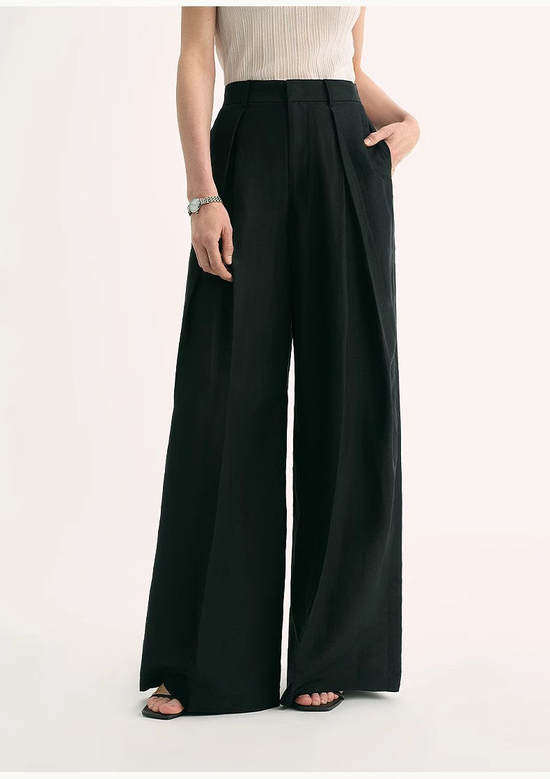 Silk Linen Pleated Wide Leg A-Line Trousers Casual Pants-1