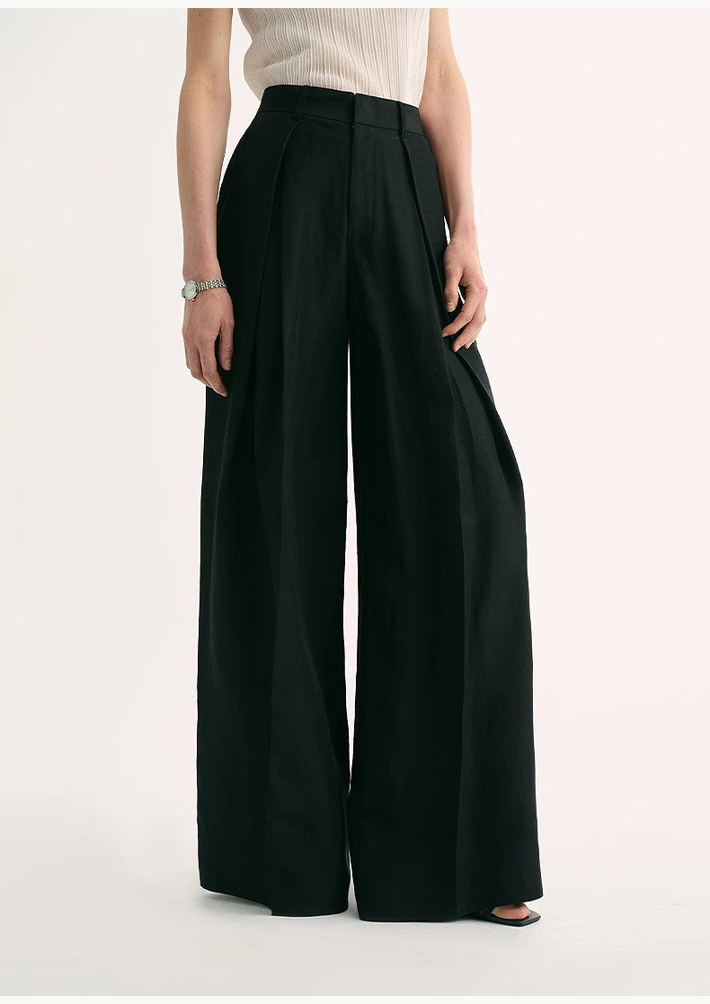 Silk Linen Pleated Wide Leg A-Line Trousers Casual Pants-4