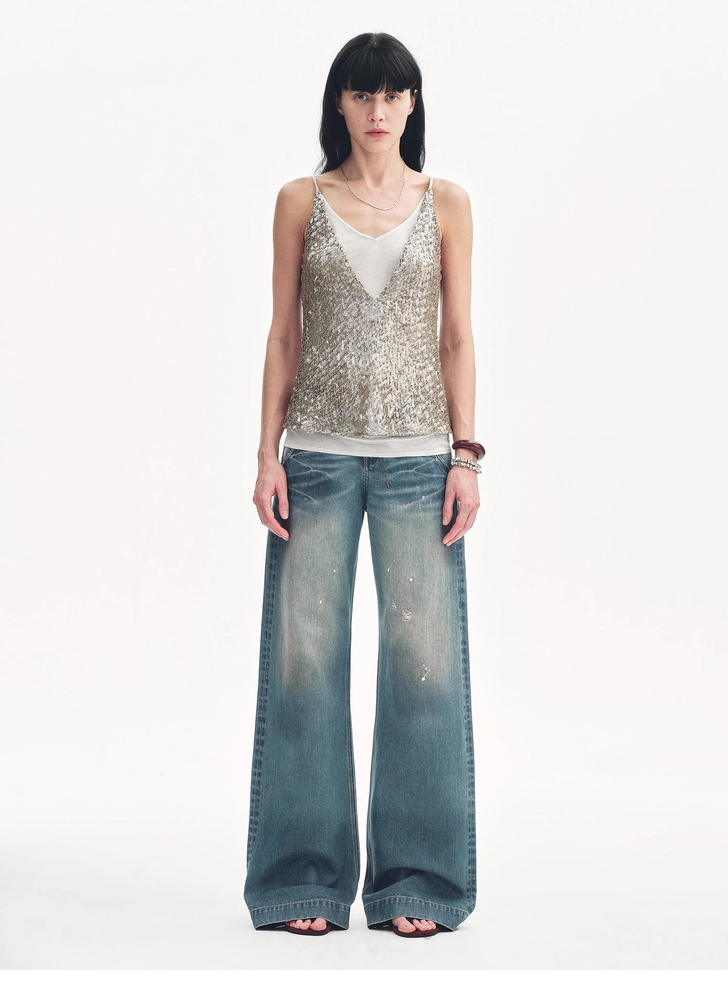 "Dream Catcher" Sequined Net Pattern Fake Two-Piece Deep V Waist Suspender Summer-0
