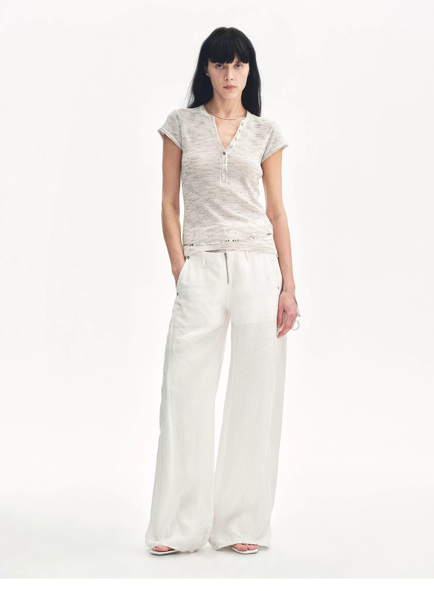 "Minimalist Light Gap" Cotton and Linen Blend Sequined Henley Neck Short Sleeve T-Shirt-0
