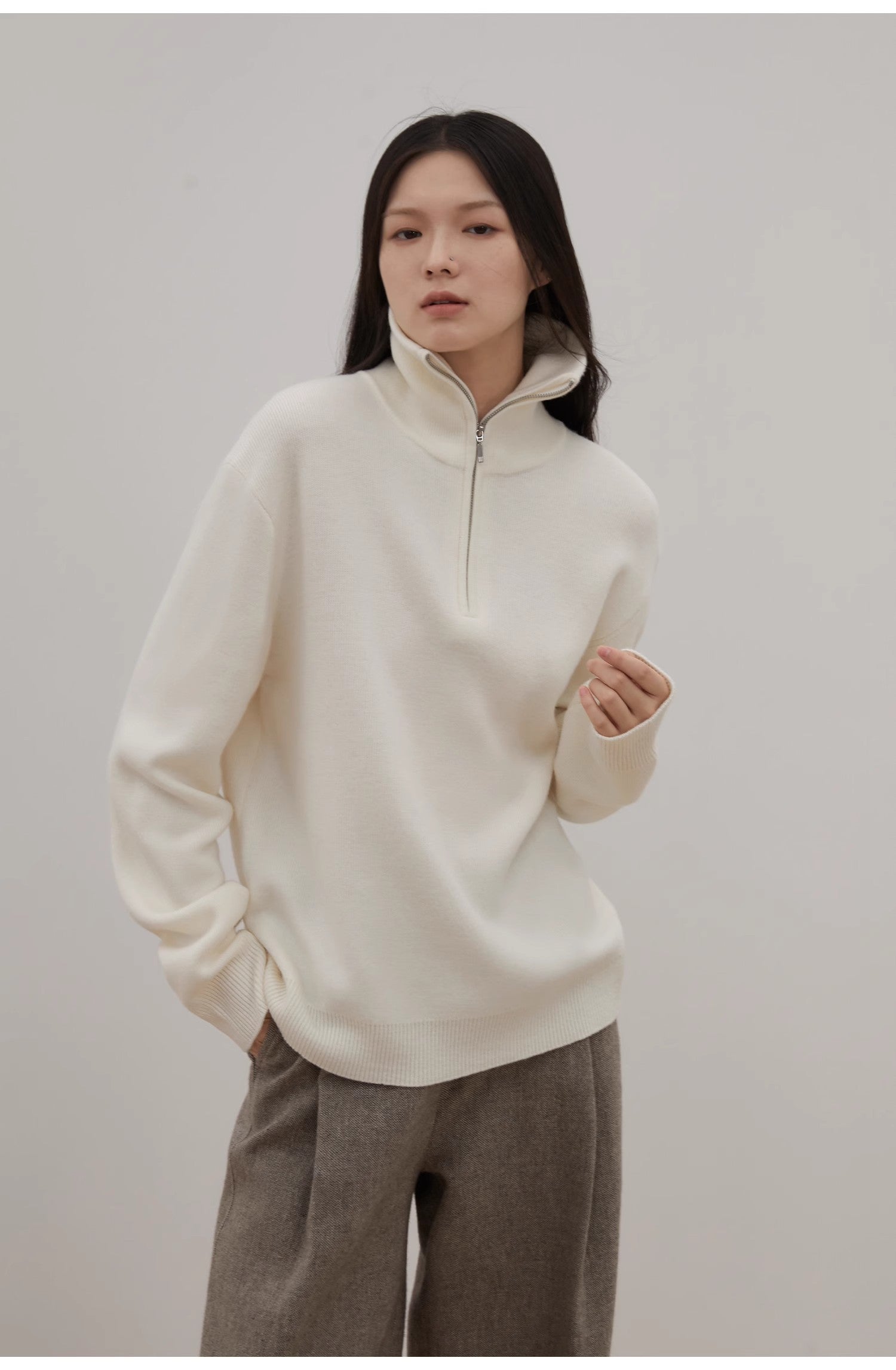 "Moonlight Farm" Merino wool lazy loose pullover sweater women's zipper turtleneck sweater-4