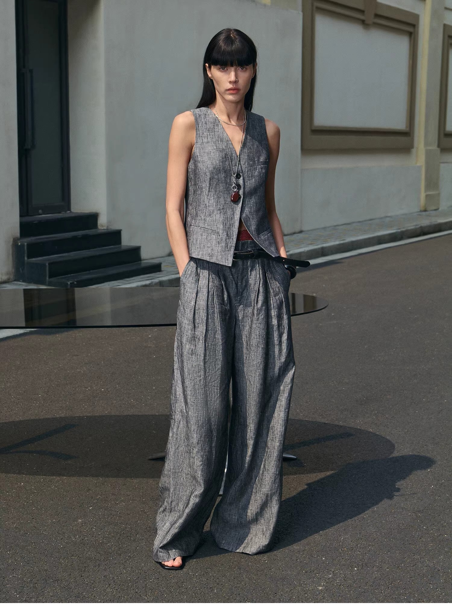 "Old Money Space" Linen draped vest and straight trousers suit-0