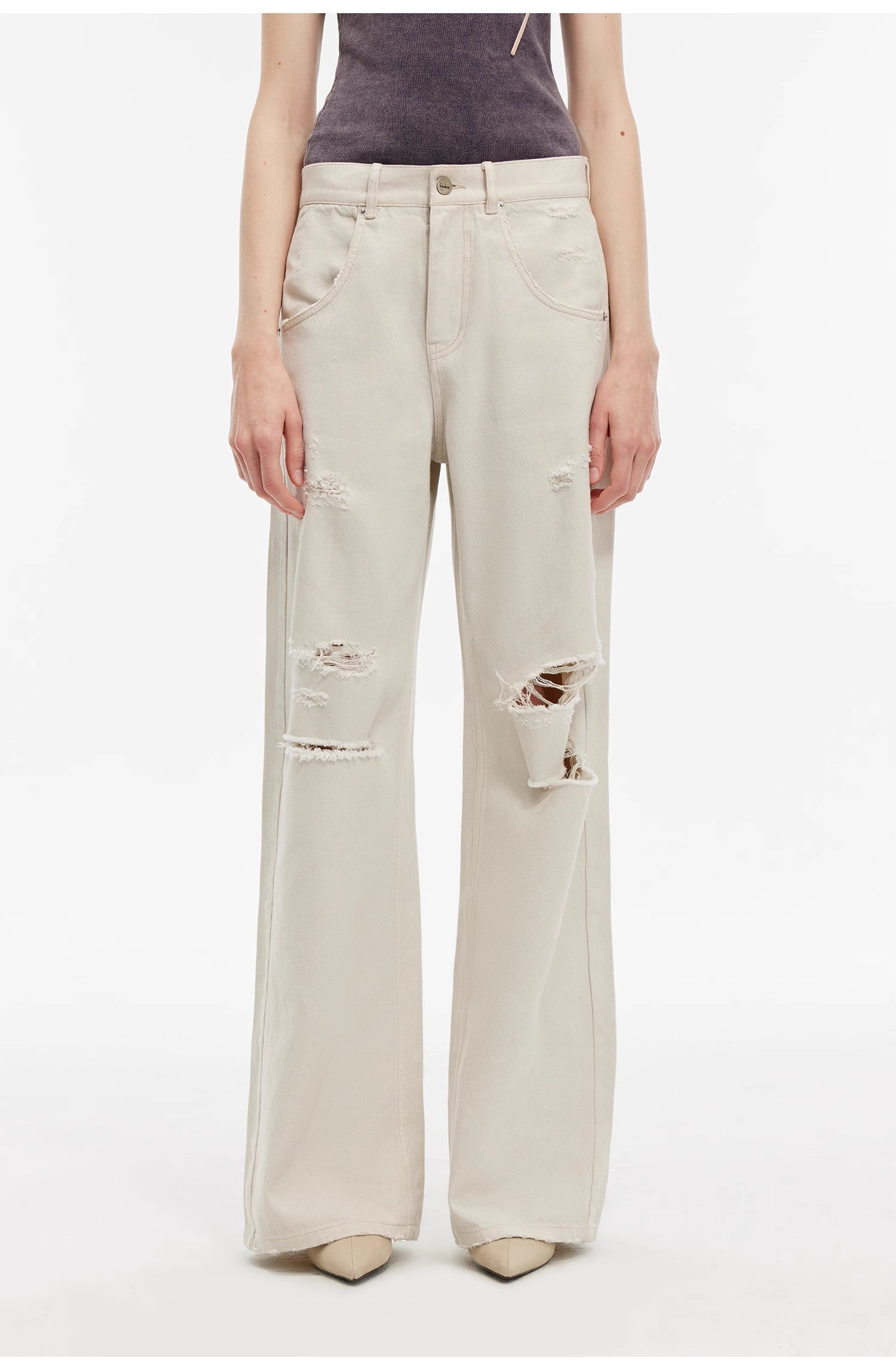 "Gray and Denim" stylish and personalized Turkish washed retro distressed holes straight flared jeans-1