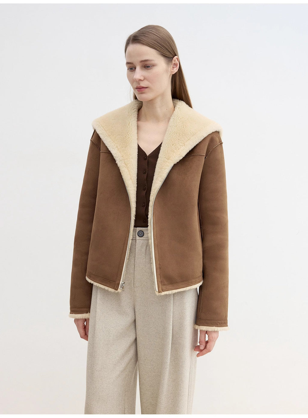 Floating Dune Contrast Navy Collar Shearling Jacket-1