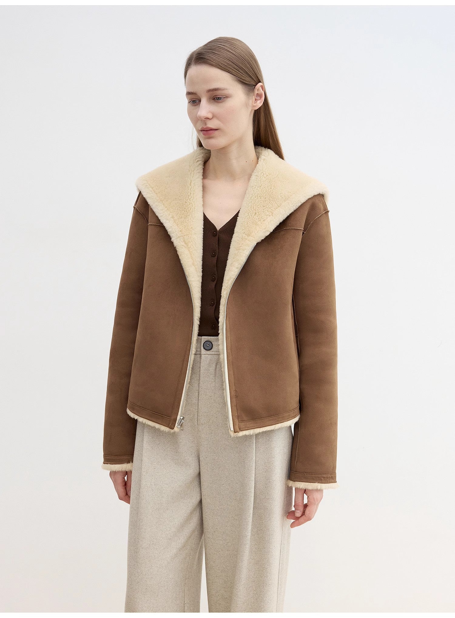 Floating Dune Contrast Navy Collar Shearling Jacket-1