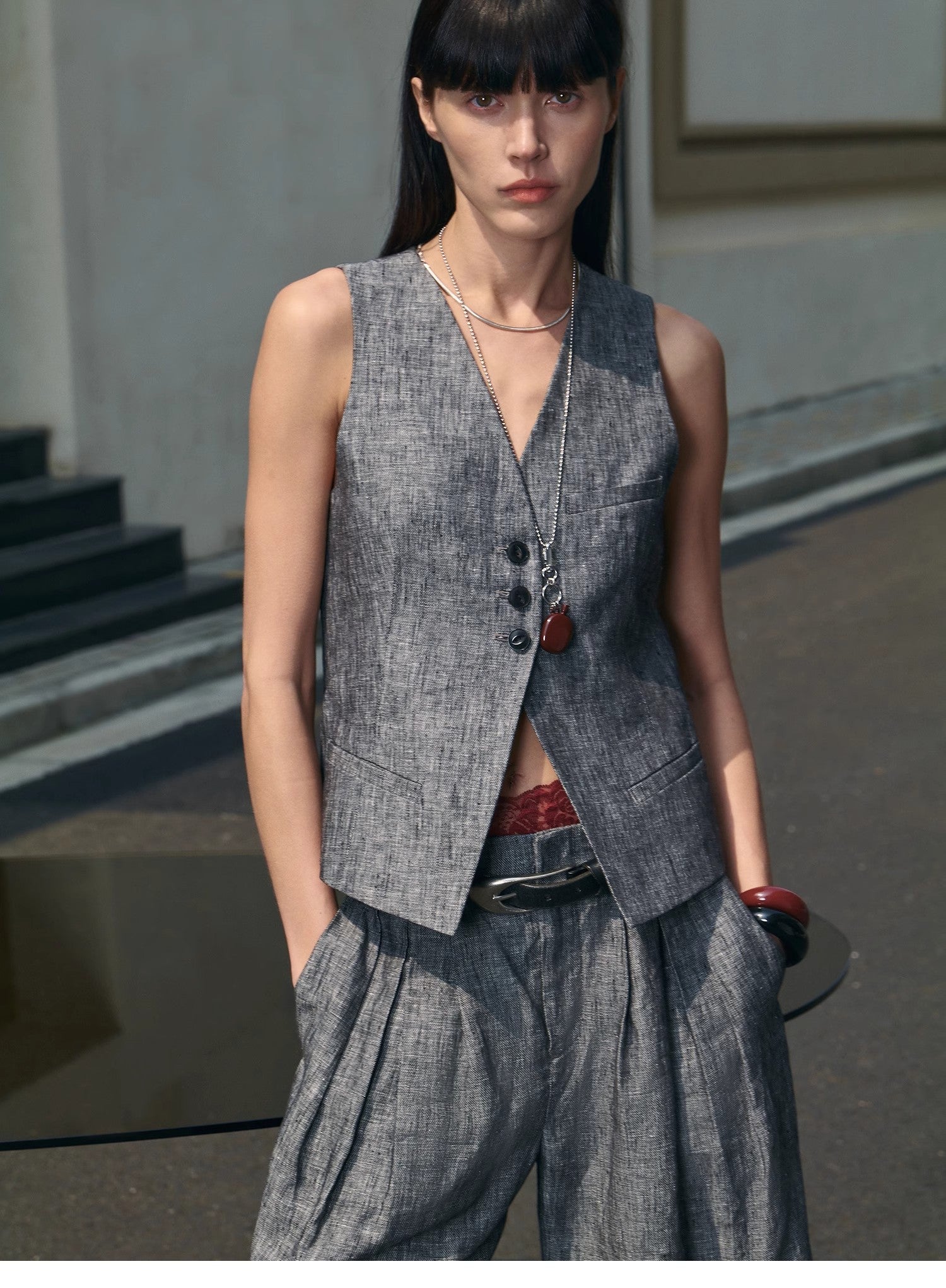 "Old Money Space" Linen draped vest and straight trousers suit-1
