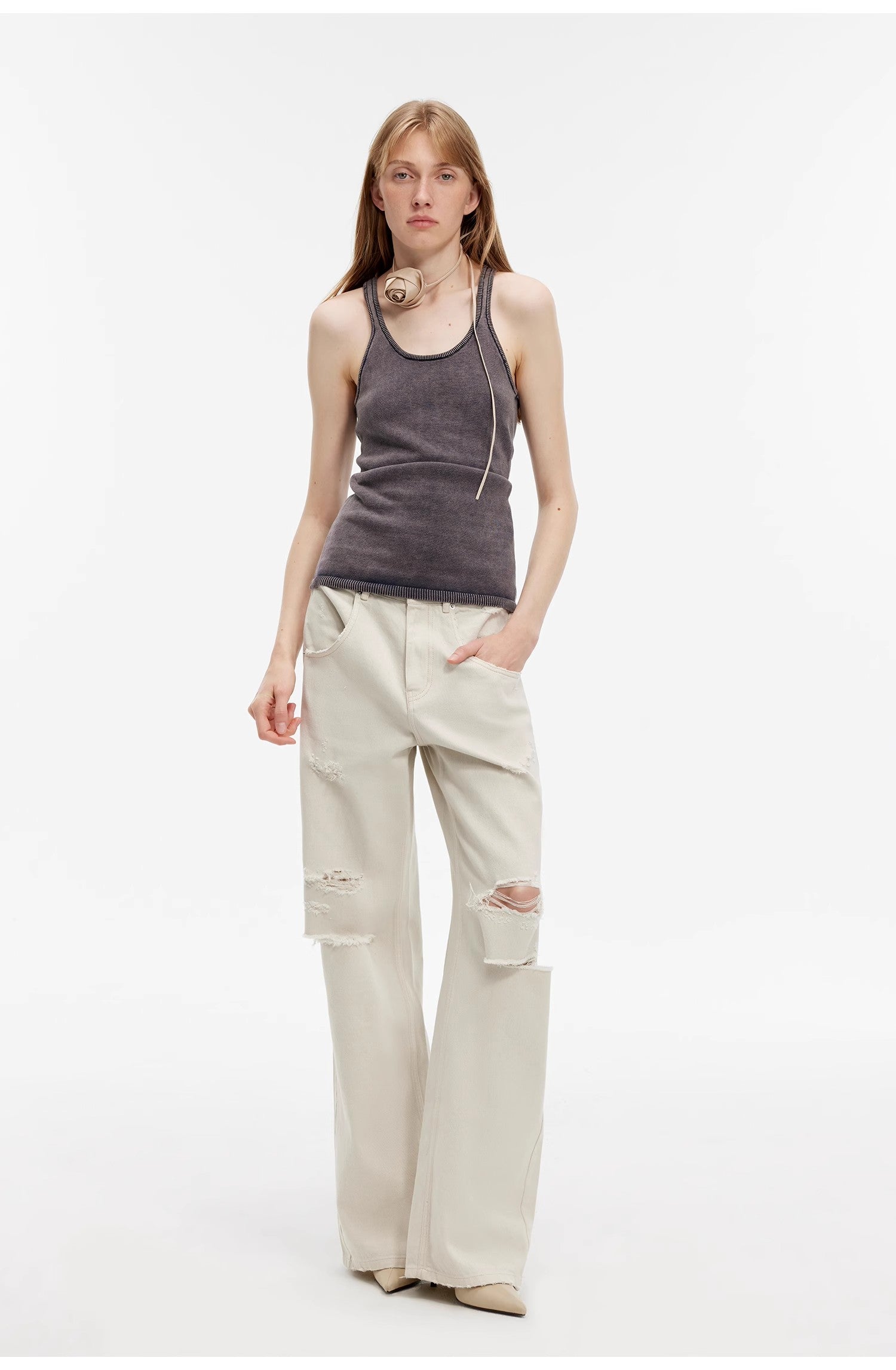 "Gray and Denim" stylish and personalized Turkish washed retro distressed holes straight flared jeans-0