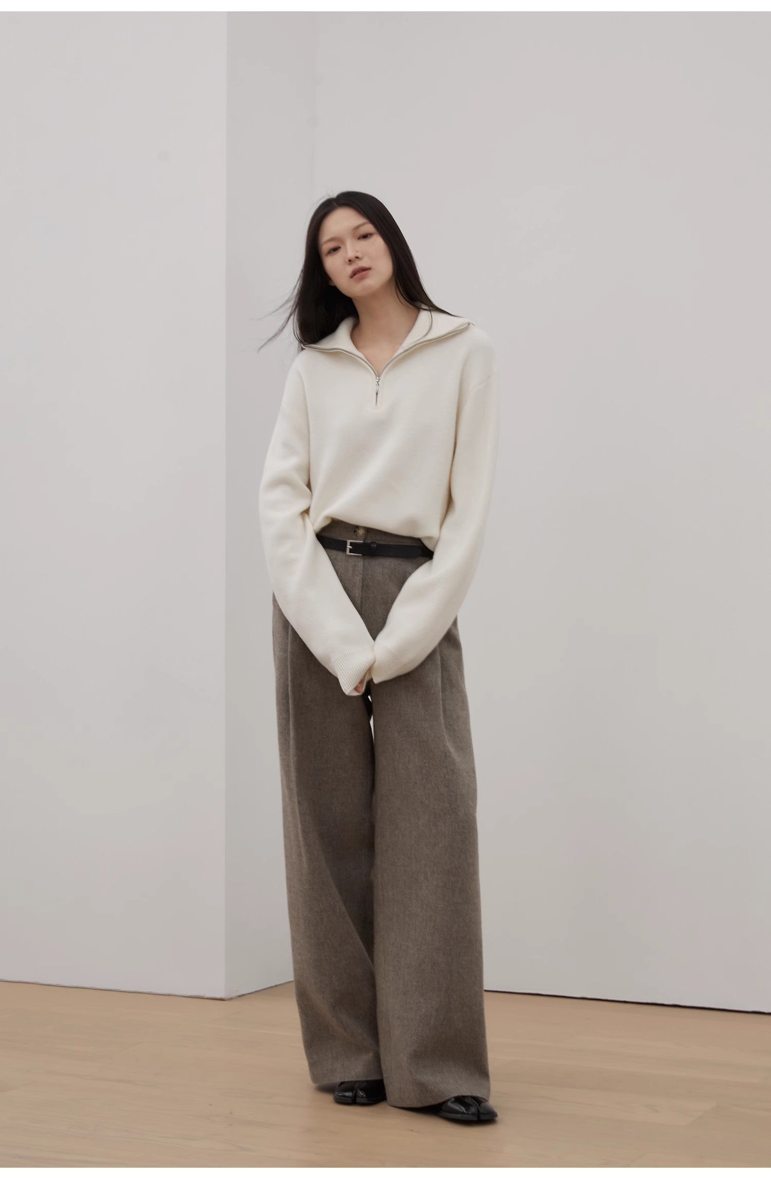 "Moonlight Farm" Merino wool lazy loose pullover sweater women's zipper turtleneck sweater-0