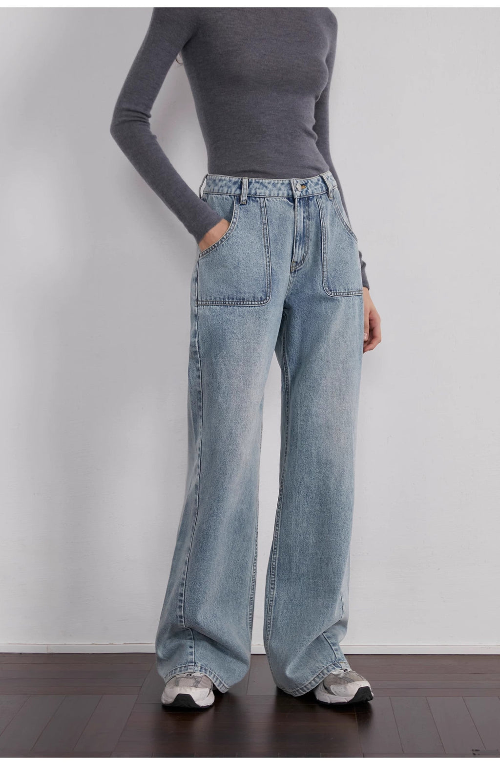 "Fine Sand Coast" deconstructed straight-leg slightly flared wide-leg loose casual jeans for women-4
