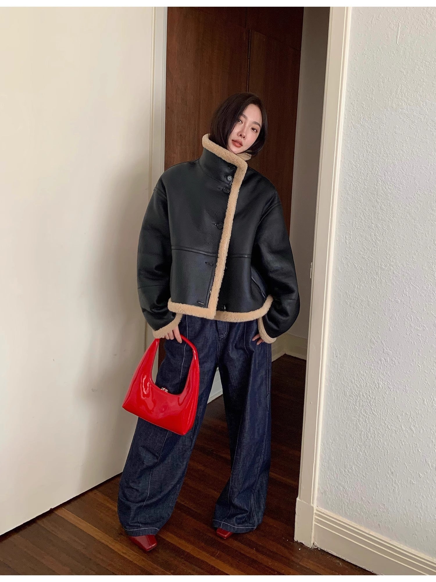 "Corner Coffee" Merino wool sheepskin stand-up collar motorcycle reversible young fur coat for women-1