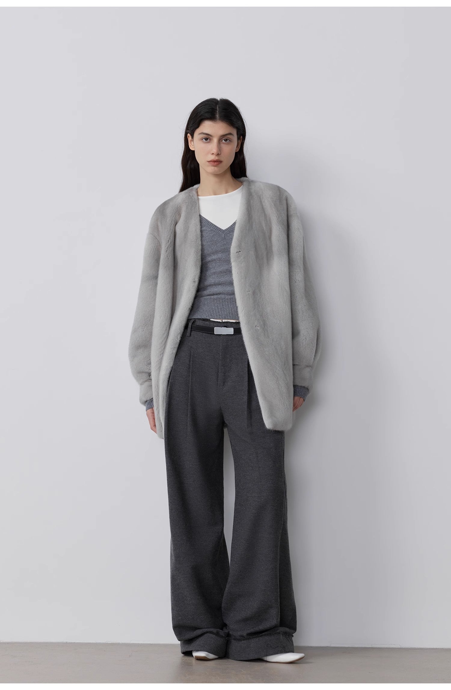 "Commuting Rules" Worsted Wool Blend Waistless Raw Edge Wide Leg Pants Slimming Scimitar Casual Pants-0
