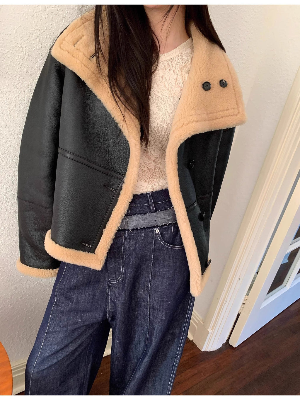 "Corner Coffee" Merino wool sheepskin stand-up collar motorcycle reversible young fur coat for women-4