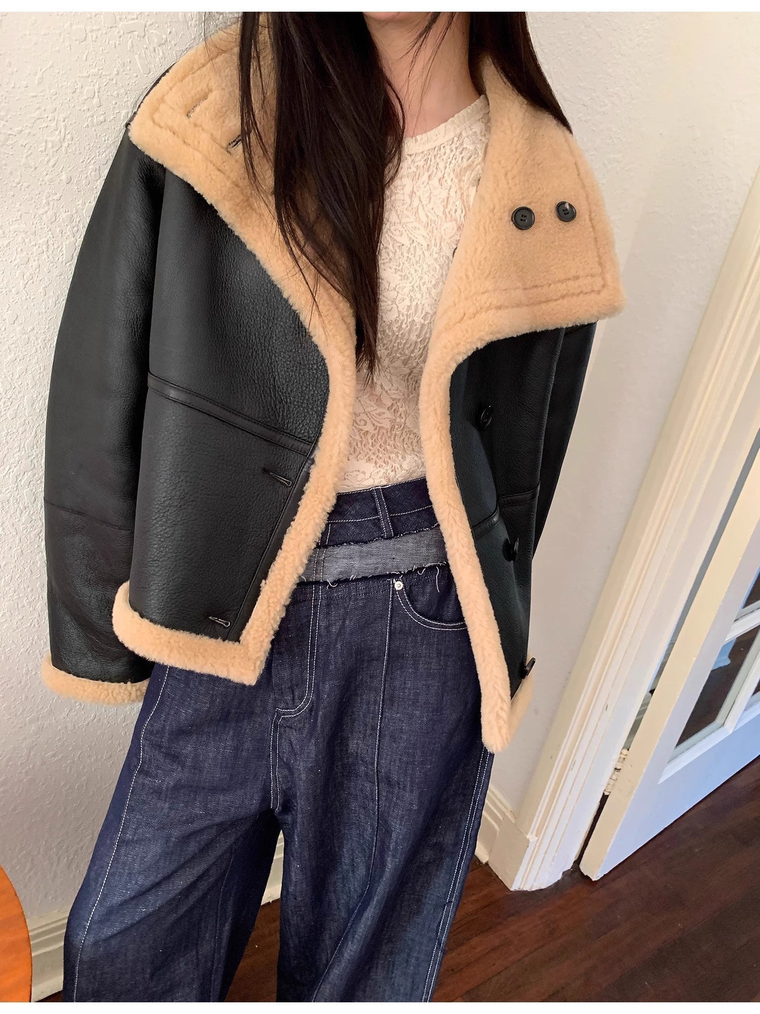 "Corner Coffee" Merino wool sheepskin stand-up collar motorcycle reversible young fur coat for women-4