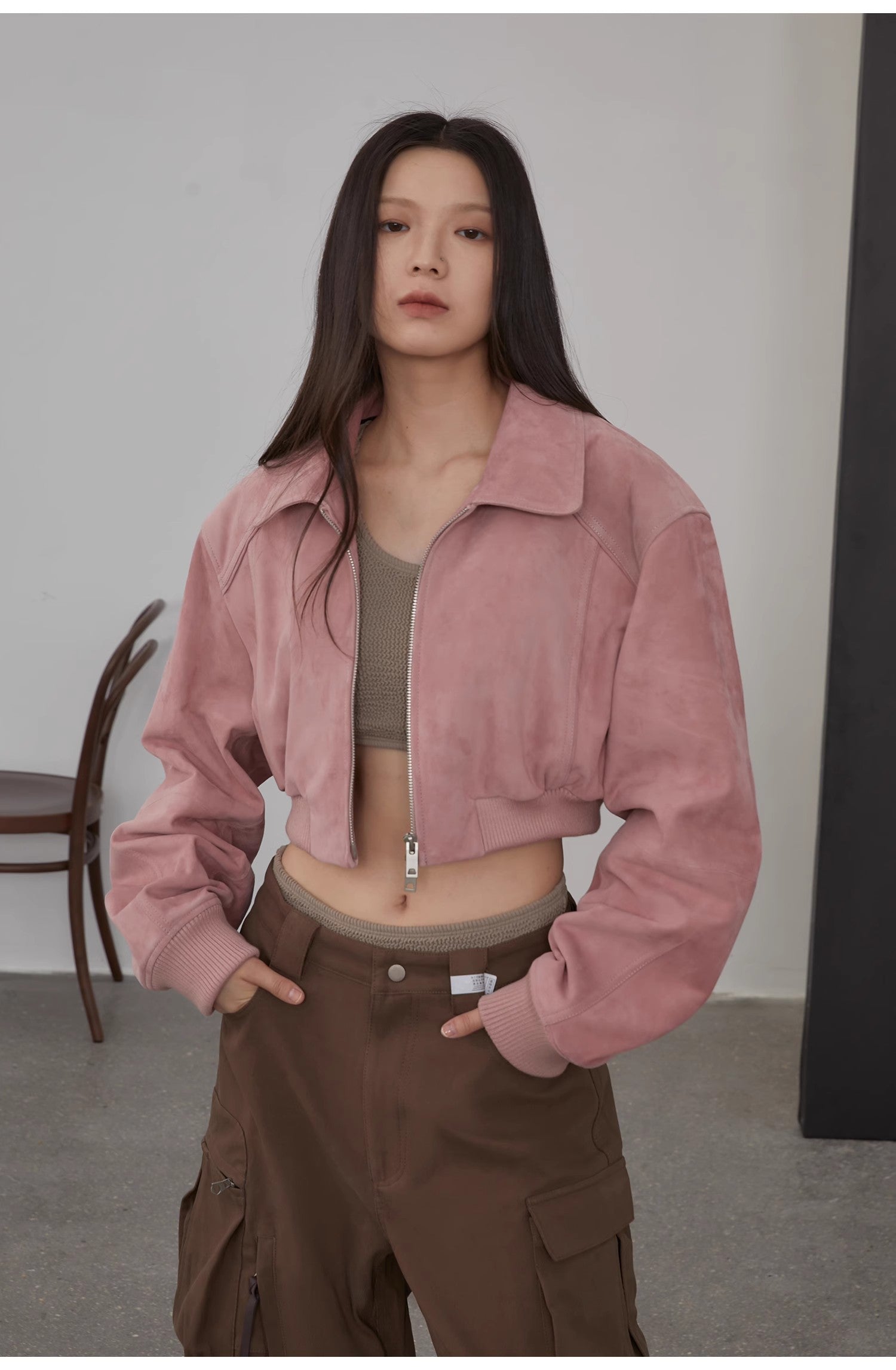 "Witch Game" Retro  Classic Stand Up Sheep Leather Short Jacket-4