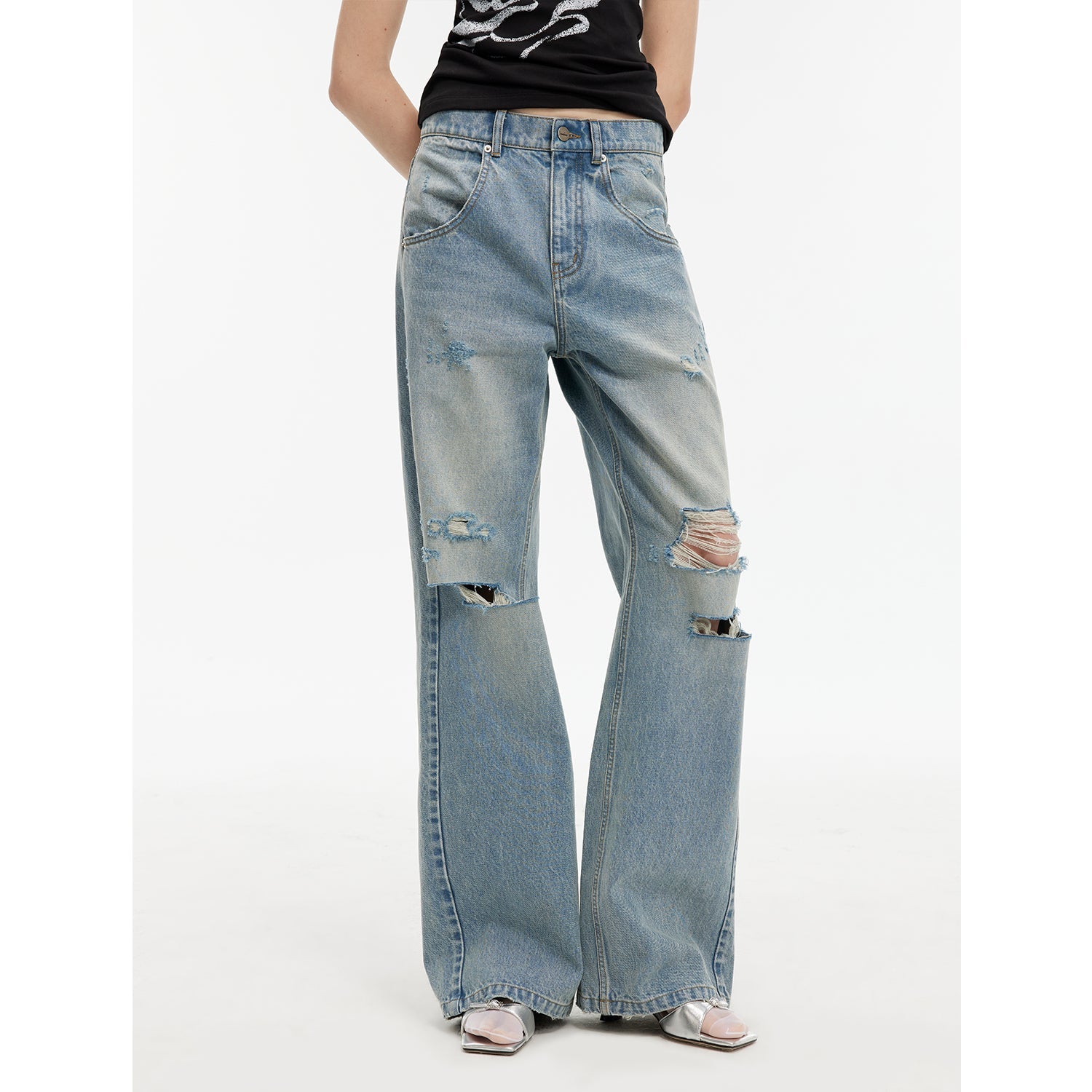 "Gray and Denim" stylish and personalized Turkish washed retro distressed holes straight flared jeans-5