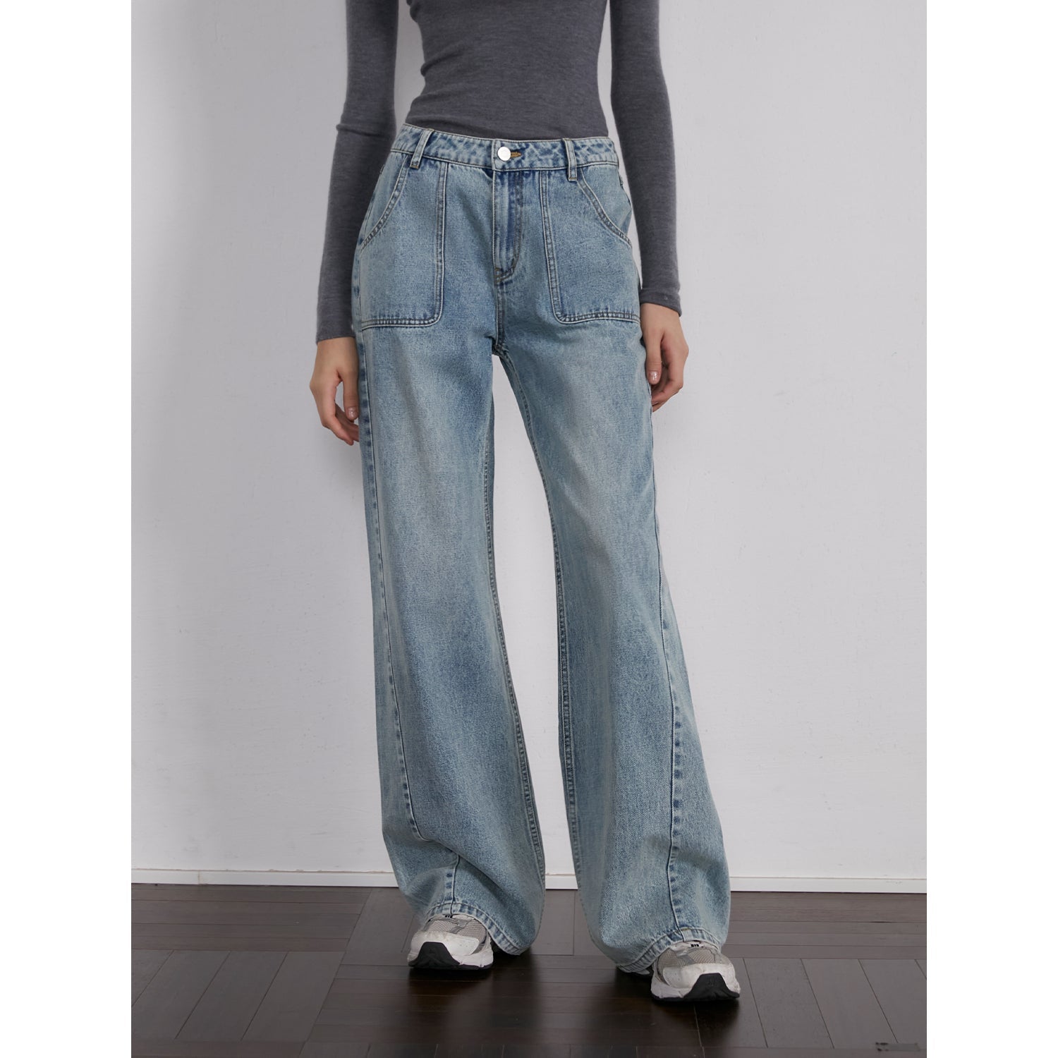 "Fine Sand Coast" deconstructed straight-leg slightly flared wide-leg loose casual jeans for women-1