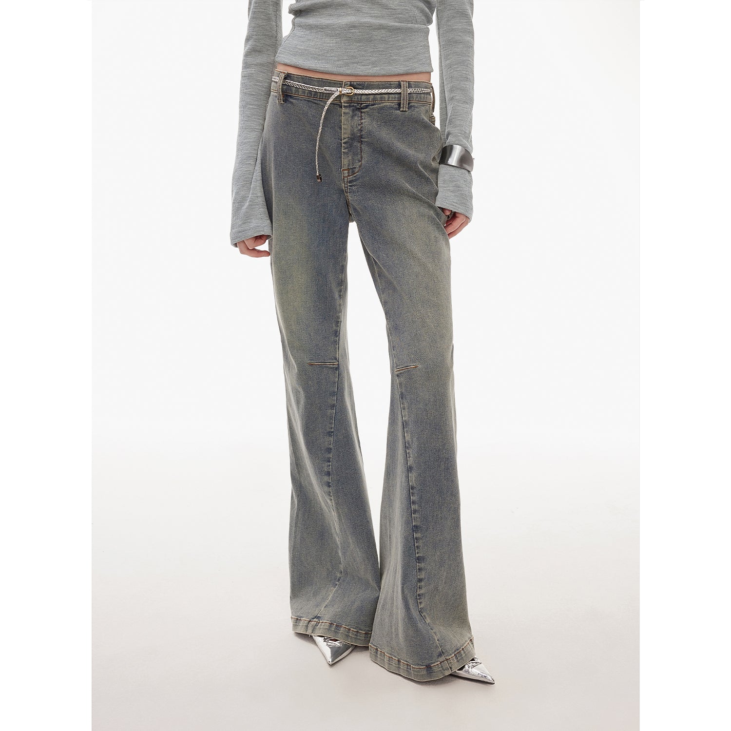 “Denimism”Fashionable Heavy Industry Washed Three-dimensional Versatile Slimming Slightly Flared Denim Trousers-1